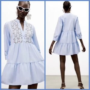 Zara EUC Woman’s Openwork Embroidered Baby Blue Mini Dress Tunic Size L